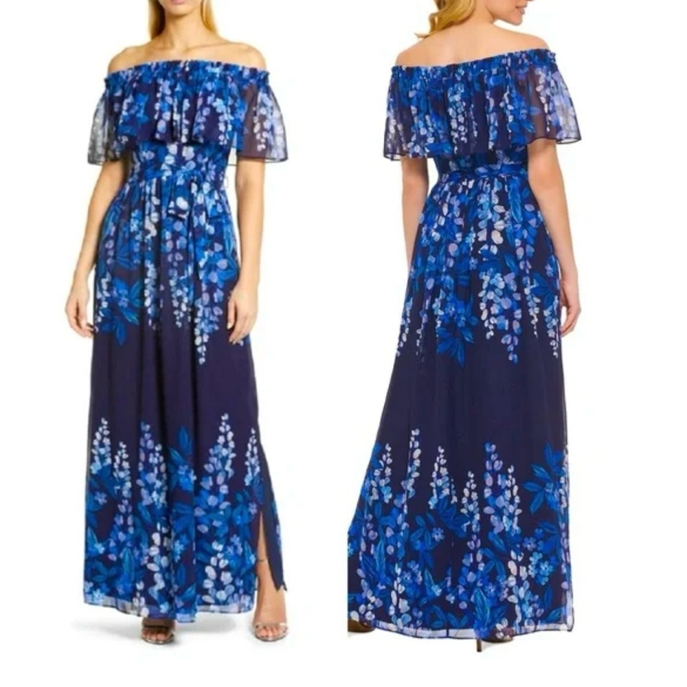 Eliza J Floral Off-Shoulder Maxi Dress - Blue